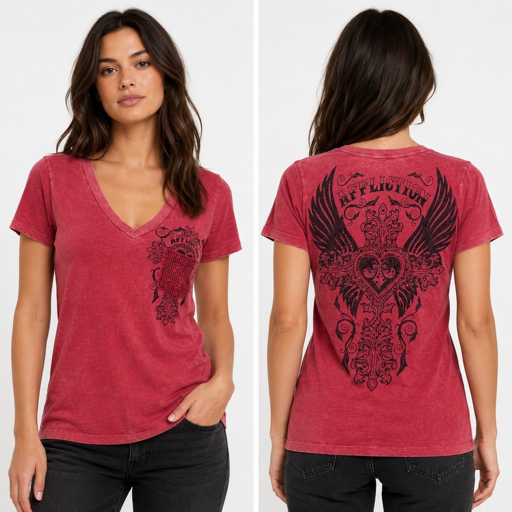 Affliction Graphic T Shirt Womens SM Red Acid Wash Studded Pocket Y2K Grunge